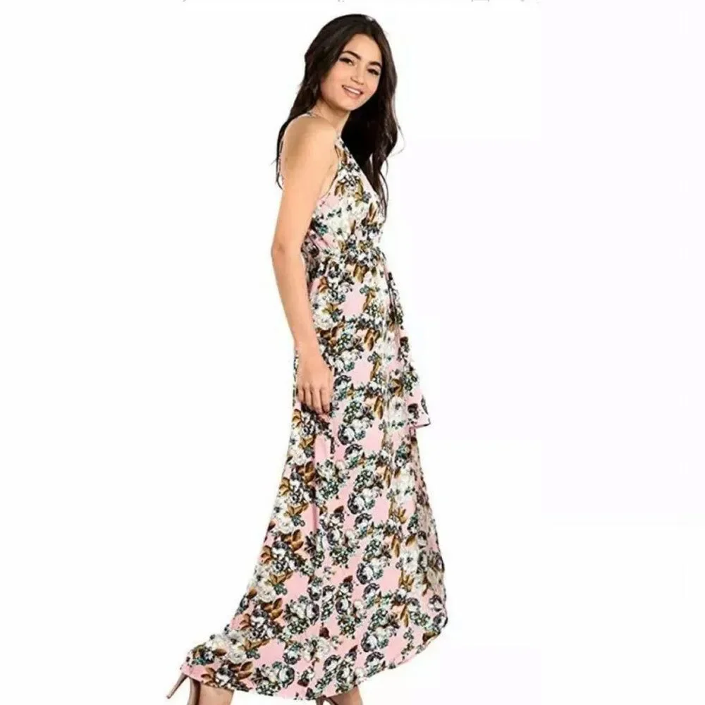 Floral Pink Asymmetric Hi-Lo Relaxed V-Neck Maxi